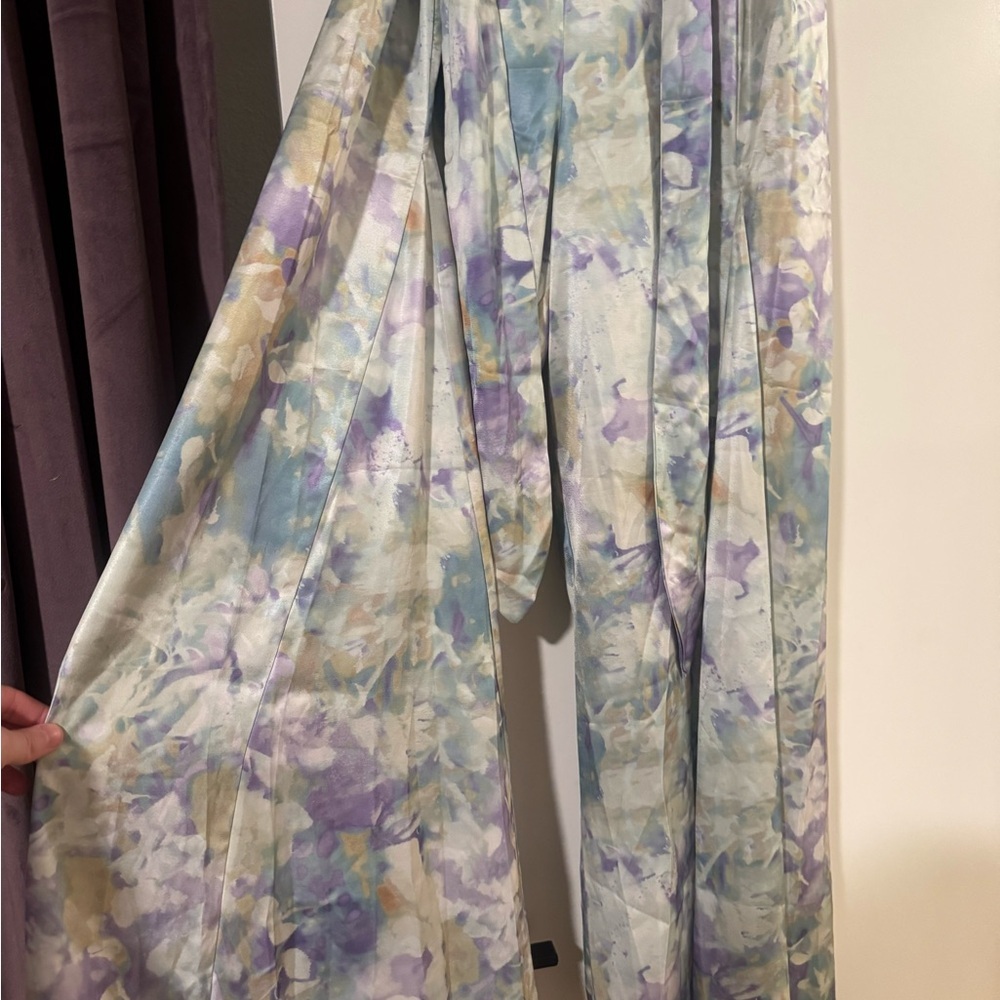 12th Tribe Watercolor Wide-Leg Satin Pants – Size S - Like New